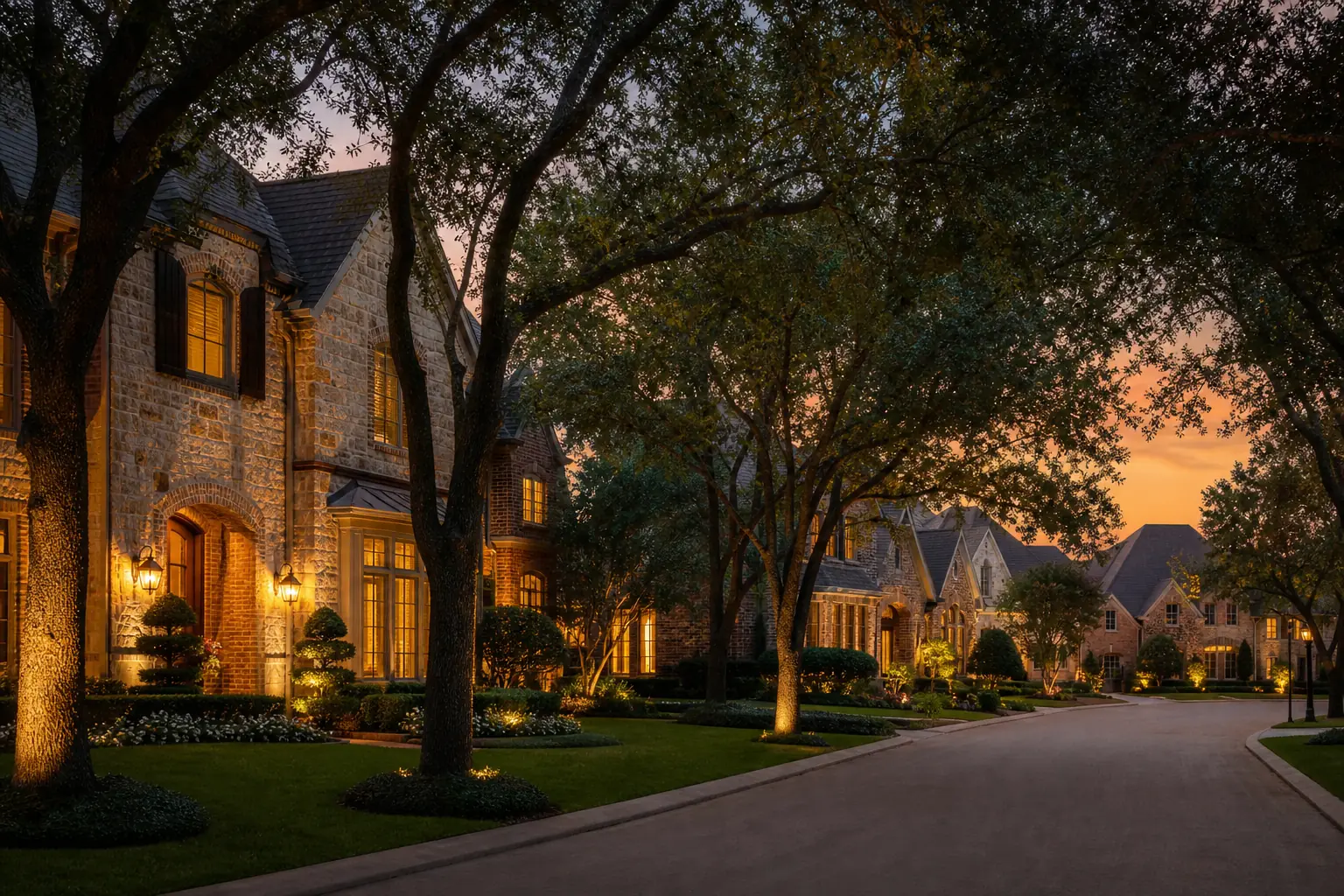 A North Texas neighbourhood at dusk, AI-generated concept imagery